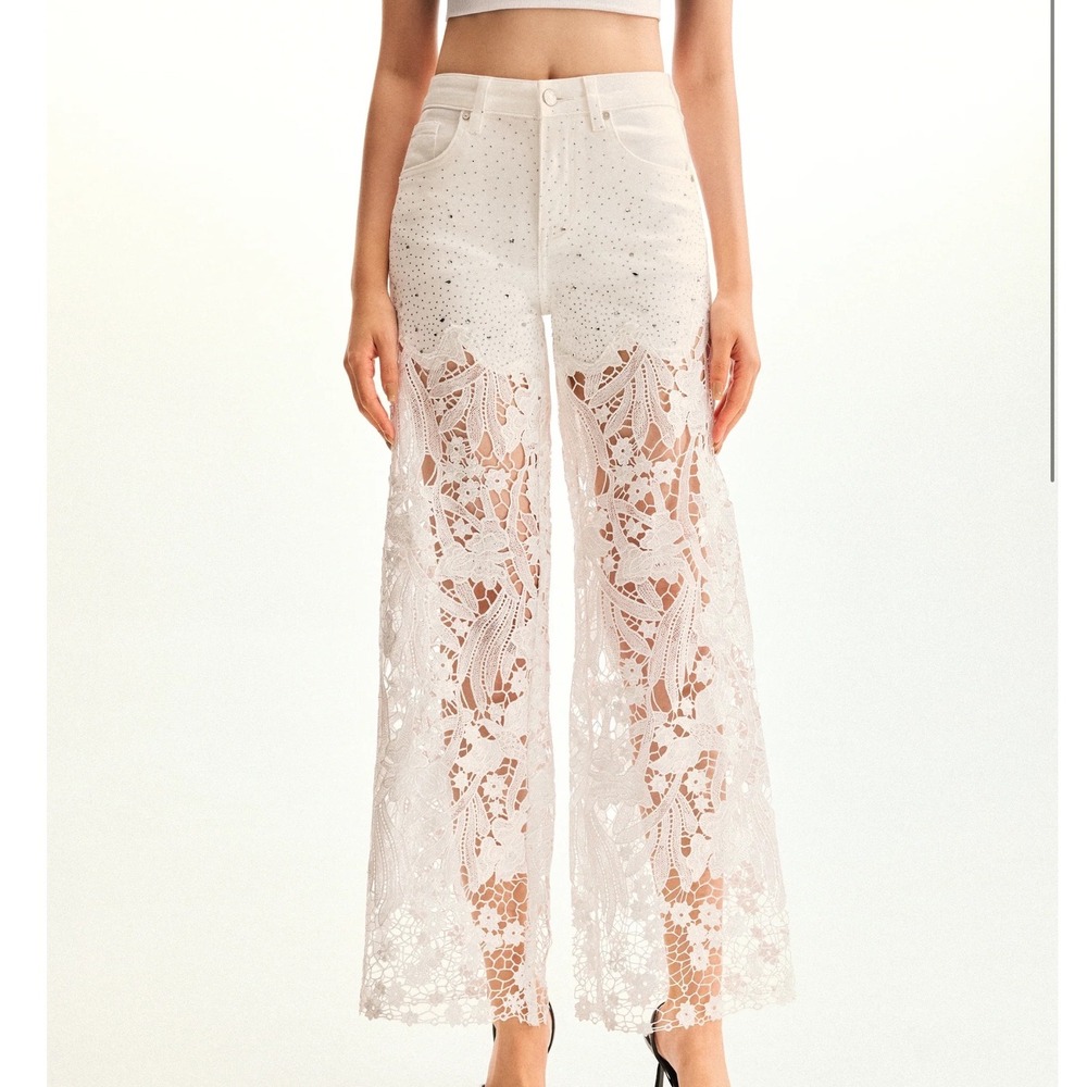 JW PEI Wide Leg Lace Embroidery Rhinestone Jeans White Size 29 New With Tags